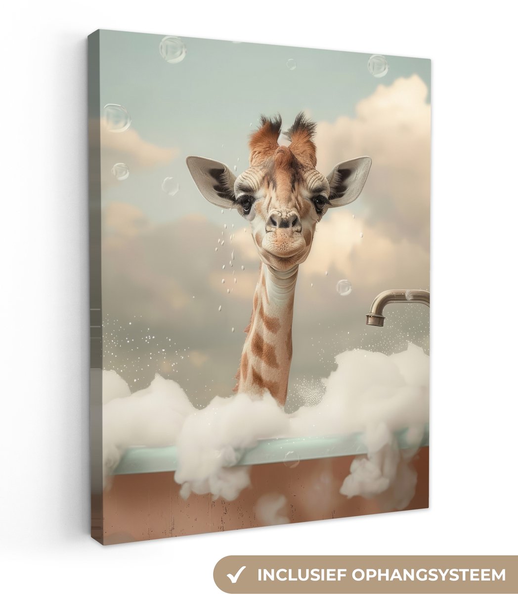 Canvas schilderij 30x40 cm - Wanddecoratie badkamer Giraffe - Wilde dieren - Bad - Schuim
