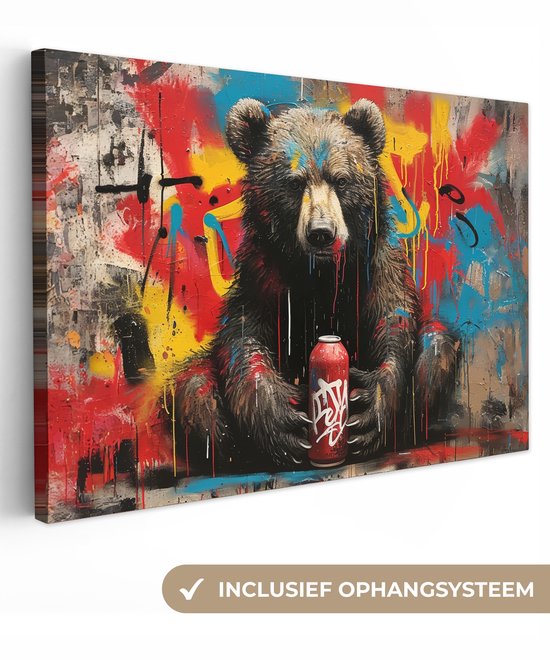 Canvas schilderij 120x80 cm - Wanddecoratie Graffiti - Beer - Dier - Muur - Street art - Muurdecoratie woonkamer - Slaapkamer decoratie - Kamer accessoires - Schilderijen op canvas