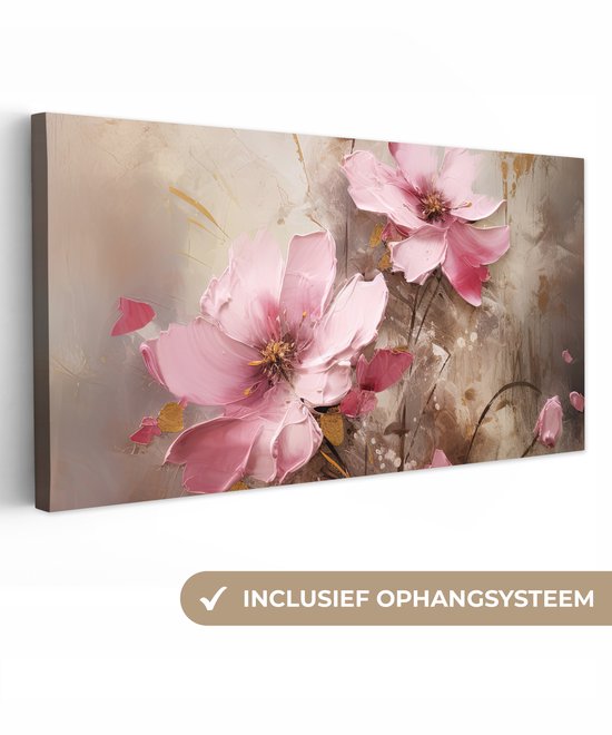 Canvas met 3D-effect van roze bloemen, met de tekst 'Inclusief ophangsysteem'.