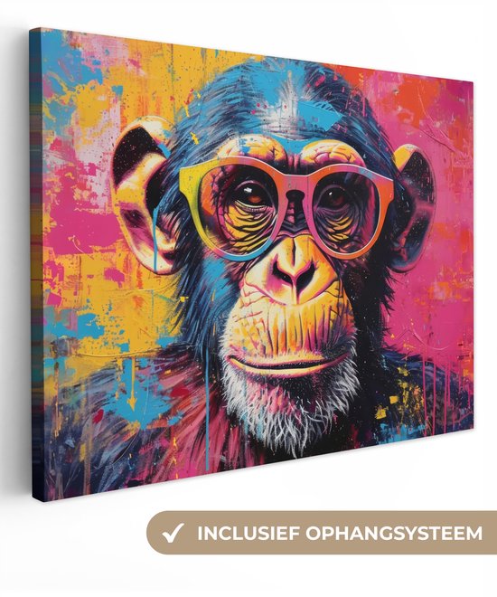 Canvas schilderij 120x90 cm - Wanddecoratie Graffiti - Chimpansee - Aap - Bril - Kleurrijk - Muurdecoratie woonkamer - Slaapkamer decoratie - Kamer accessoires - Schilderijen op canvas