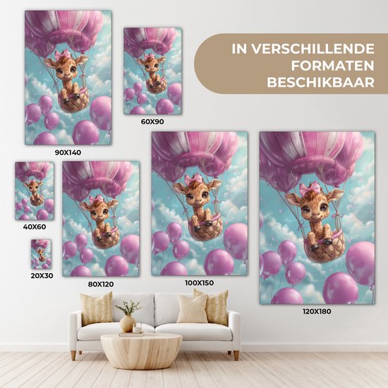 Peinture sur toile 80x120 cm - Décoration murale chambre enfant Montgolfière - Girafe - Ballon - Nuages ​​- Violet - Décoration murale murale chambre bébé - Décoration chambre garçon et fille - Accessoires Bébé - Peintures