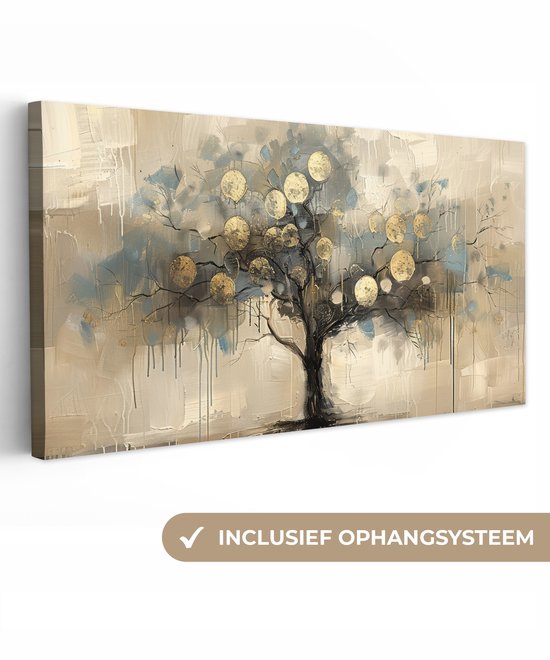 Canvas schilderij 100x50 cm - Wanddecoratie Beige - Abstract - Boom - Goud - Muurdecoratie woonkamer - Slaapkamer decoratie - Kamer accessoires - Schilderijen op canvas