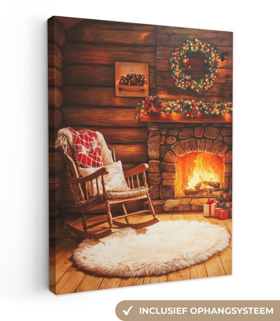 Canvas schilderij 60x80 cm - Wanddecoratie Winter - Kerst - Huis - Openhaard - Muurdecoratie woonkamer - Slaapkamer decoratie - Kamer accessoires - Schilderijen op canvas - Kerstdecoratie voor binnen - Kerstversiering - Kerstmis versiering