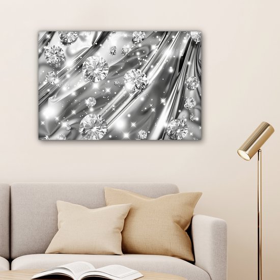 Peinture sur toile 90x60 cm - Décoration murale Abstrait - Diamant - Luxe - Moderne - Argent - Décoration murale salon - Décoration chambre moderne - Tableaux abstraits