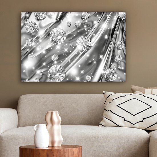 Peinture sur toile 90x60 cm - Décoration murale Abstrait - Diamant - Luxe - Moderne - Argent - Décoration murale salon - Décoration chambre moderne - Tableaux abstraits