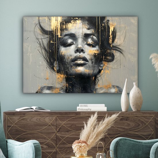 Peinture sur toile 120x80 cm - Décoration murale Femme - Art - Or - Abstrait - Glamour - Décoration murale salon - Décoration chambre moderne - Tableaux abstraits