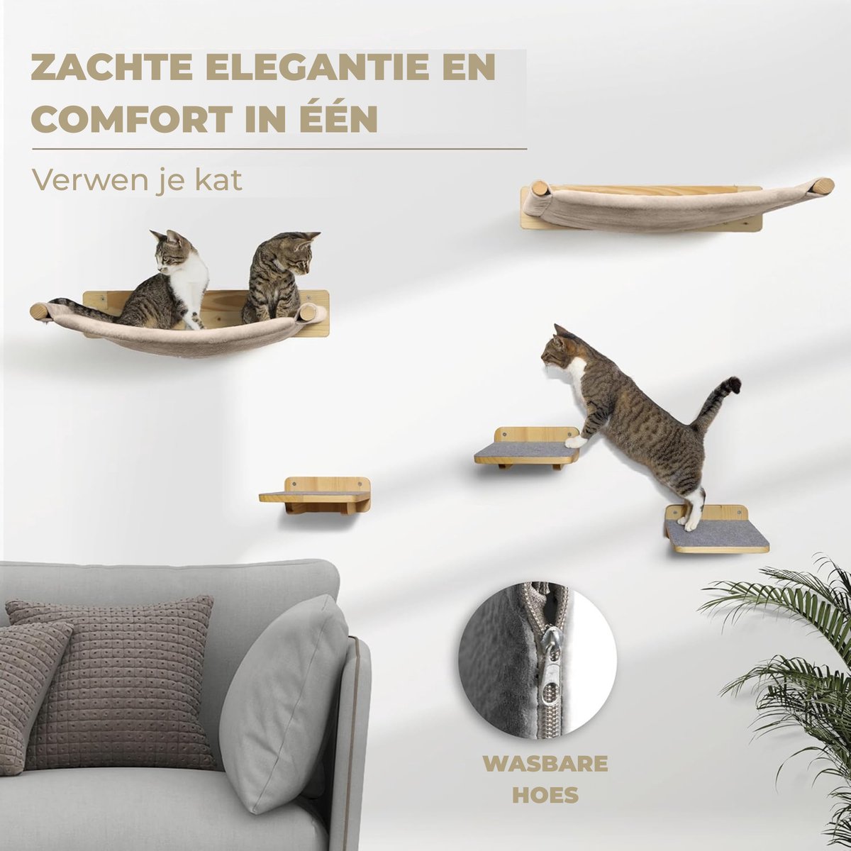 AZANO® Klimwand voor katten, massief hout en jute, krabpaal muur, krabplank, kattentrap, kattenwand, wandkrabpaal, kattenmeubel, met 3 opbouwopties (grijs