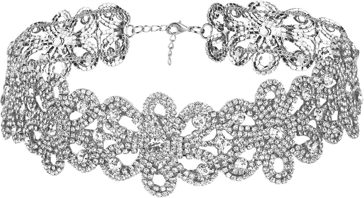 Vintage Damesketting met Strass en Bloemen Motief - Gouden Avondmode
