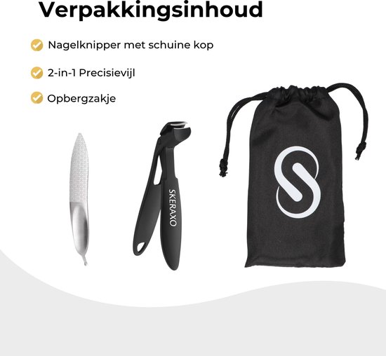 Inhoud verpakking: SKRRAXO nagelknipper, 2-in-1 precisie vijl, opbergzakje.