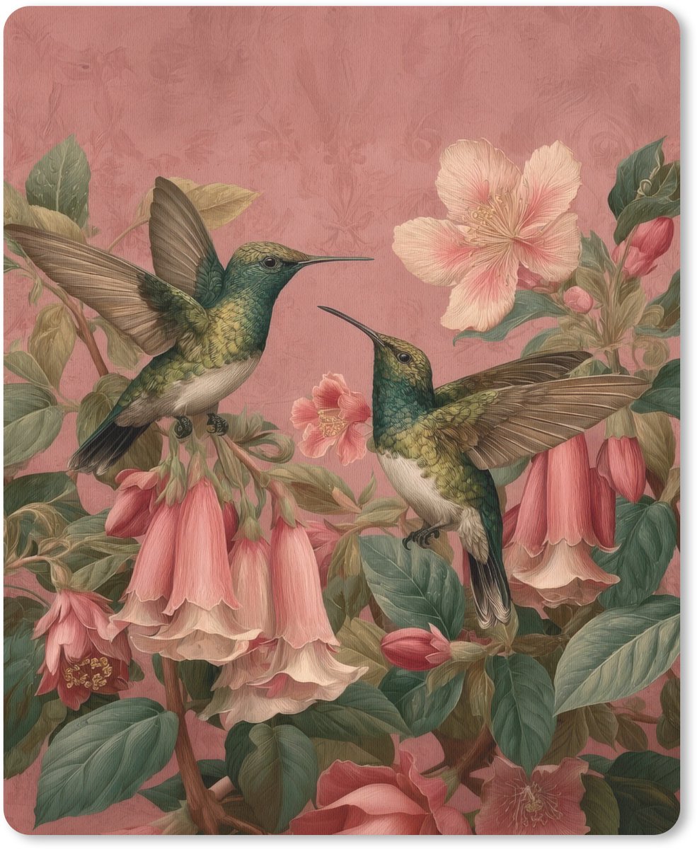 Muismat 19x23 cm - Mousepad Kolibries - Bloemen - Groen - Roze - Muismatten