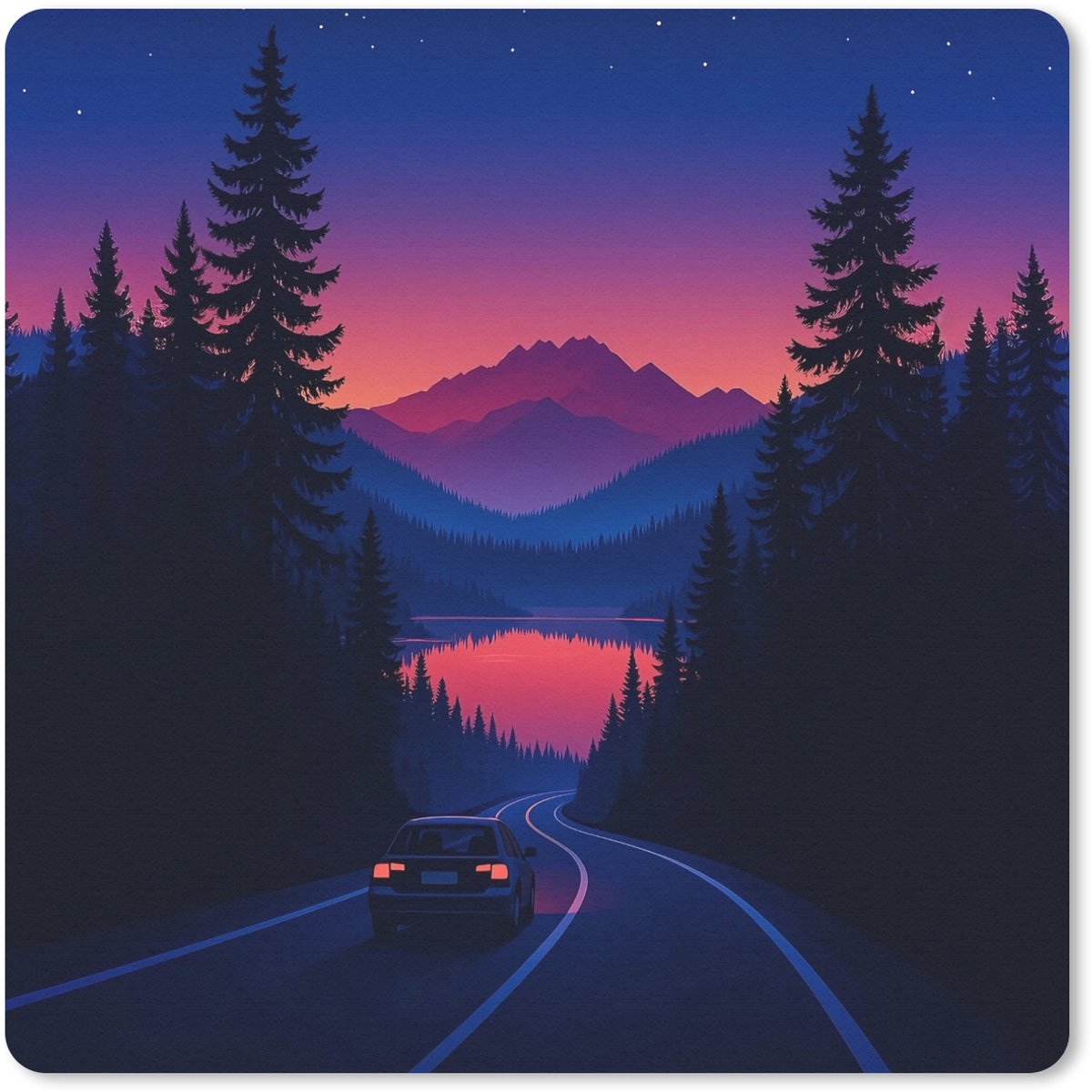 Muismat 30x30 cm - Mousepad Auto - Donkere dennenbomen - Zonsondergang - Muismatten