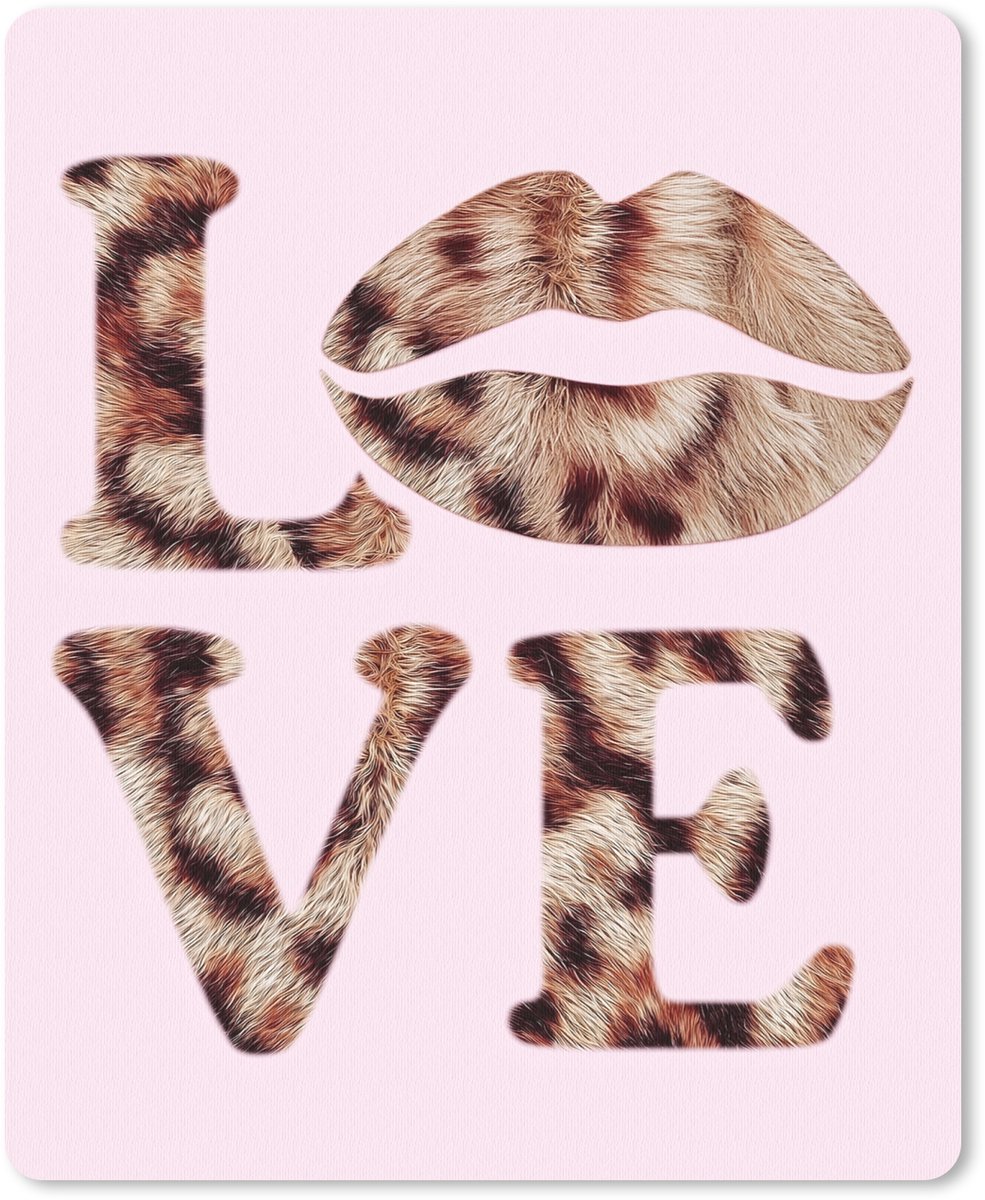 Muismat 19x23 cm - Mousepad Tekst - Love - Pantervacht - Lichtroze - Muismatten