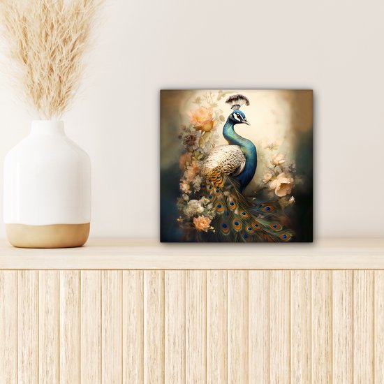 Peinture sur toile Paon - Plumes de paon - Fleurs - Vogels - Botanique - 20x20 cm - Décoration murale