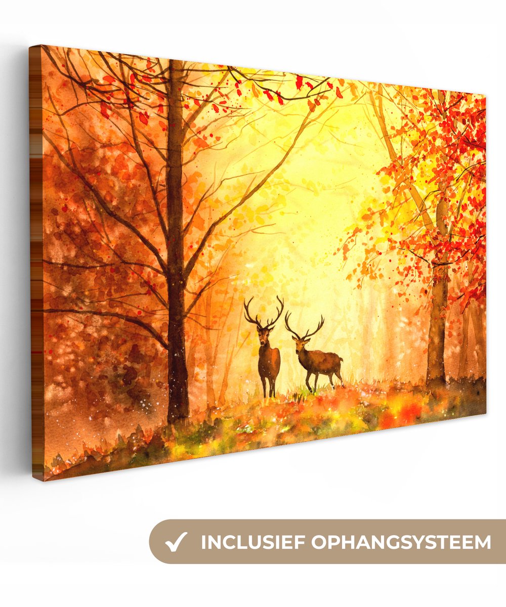 Canvas - Schilderij - Olieverf - Herten - Bos - Herfst - 30x20 cm - Muurdecoratie - Schilderijen op canvas
