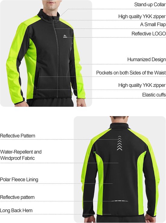 Detailopnames van een zwarte fietsjas met neongele accenten: opstaande kraag, YKK-ritsen, reflecterende logo's, zakken, elastische manchetten, waterafstotend en fleece voering.