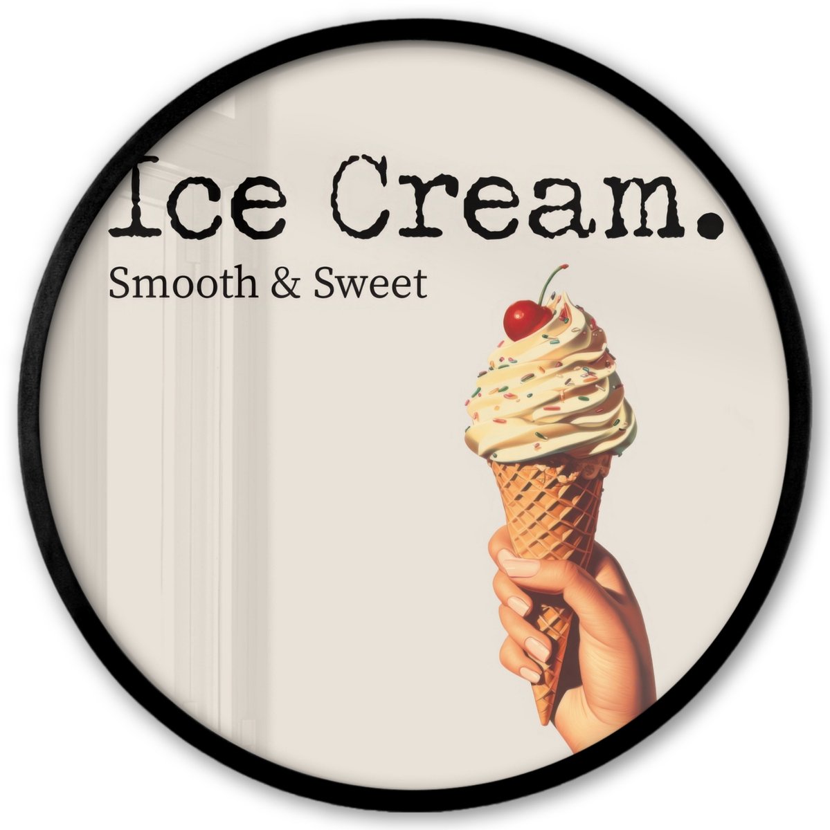 FrameYourWall Poster in lijst Rond - Fotolijst 40x40 cm - Posters - Ice cream - Softijs - Kleurrijk - Kers - Ronde posterlijst zwart - Decoratie - Wanddecoratie woonkamer - Muurdecoratie slaapkamer Softijs - Tekst