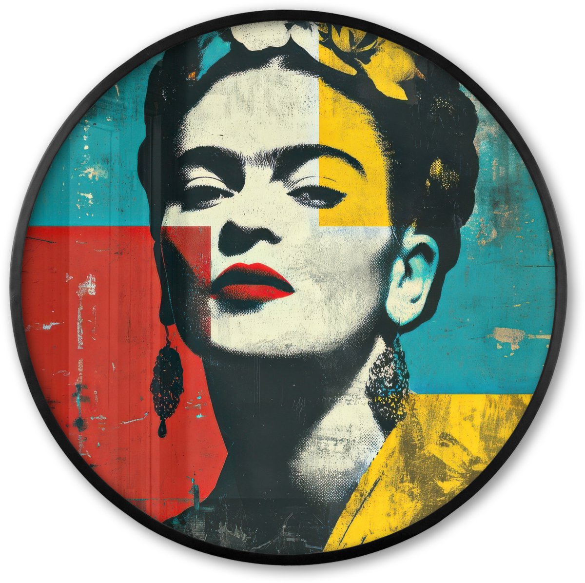 FrameYourWall Poster in lijst Rond - Fotolijst 80x80 cm - Posters - Bloemen - Felle kleuren - Grafisch - Modern - Ronde posterlijst zwart - Decoratie - Wanddecoratie woonkamer - Muurdecoratie slaapkamer Vrouw - Grafisch