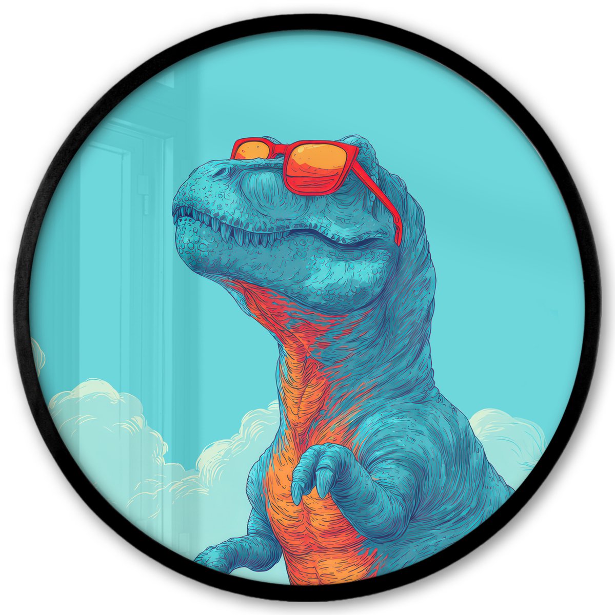 FrameYourWall Poster in lijst Rond - Fotolijst 40x40 cm - Posters - T-Rex - Blauw - Wolken - Zonnebril - Ronde posterlijst zwart - Decoratie - Wanddecoratie woonkamer - Muurdecoratie slaapkamer Dinosaurus - Wolken - Zonnebril