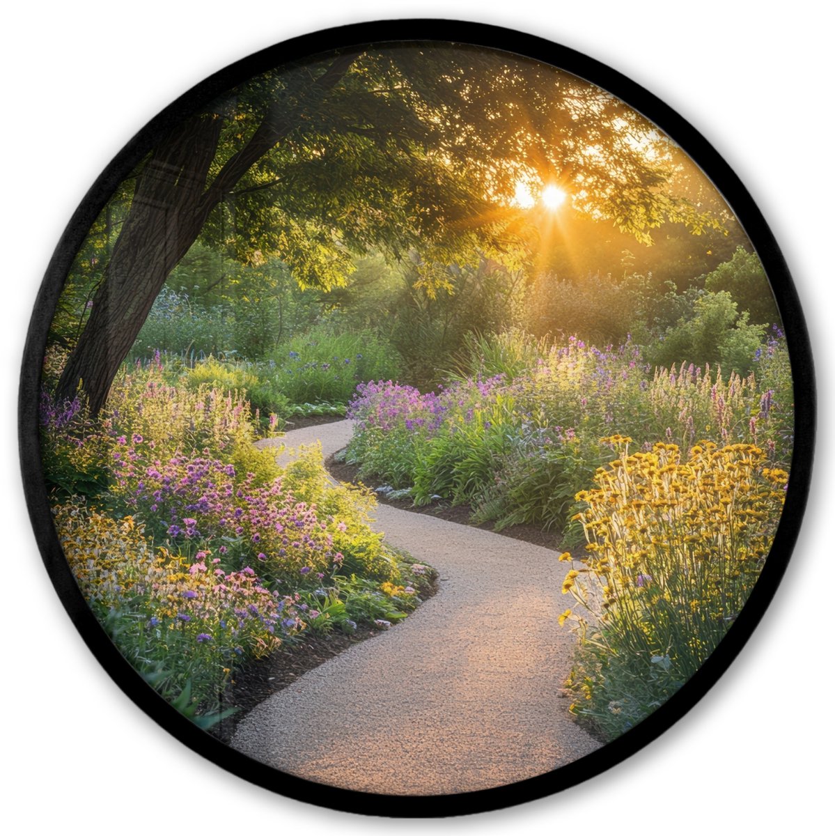 FrameYourWall Poster in lijst Rond - Fotolijst 40x40 cm - Posters - Pad - Bloemen - Park - Ronde posterlijst zwart - Decoratie - Wanddecoratie woonkamer - Muurdecoratie slaapkamer Bloemen - Natuur