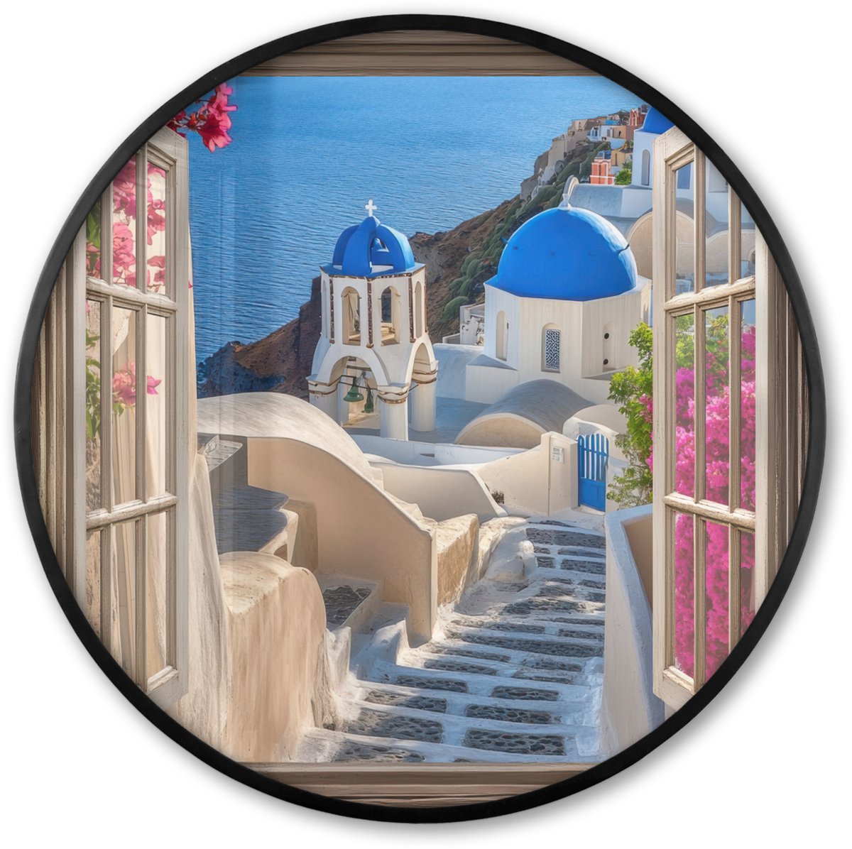 FrameYourWall Poster in lijst Rond - Fotolijst 80x80 cm - Posters - Doorkijk - Santorini - Landschap - Blauw - Grieks - Ronde posterlijst zwart - Decoratie - Wanddecoratie woonkamer - Muurdecoratie slaapkamer