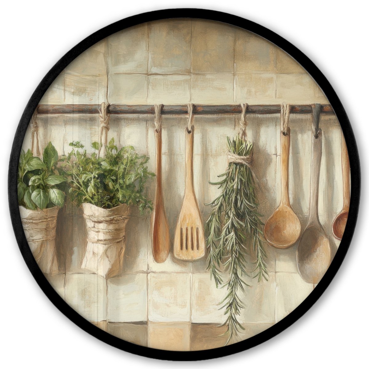 FrameYourWall Poster in lijst Rond - Fotolijst 40x40 cm - Posters - Hout - Keukengerei - Stilleven - Tegels - Ronde posterlijst zwart - Decoratie - Wanddecoratie woonkamer - Muurdecoratie slaapkamer Houten keukengerei - Stilleven