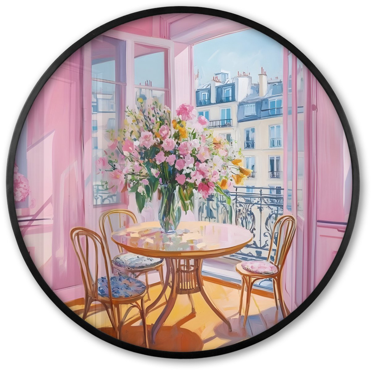 FrameYourWall Poster in lijst Rond - Fotolijst 60x60 cm - Posters - Pink - City - Bloemen - Ronde posterlijst zwart - Decoratie - Wanddecoratie woonkamer - Muurdecoratie slaapkamer Stad - Appartement