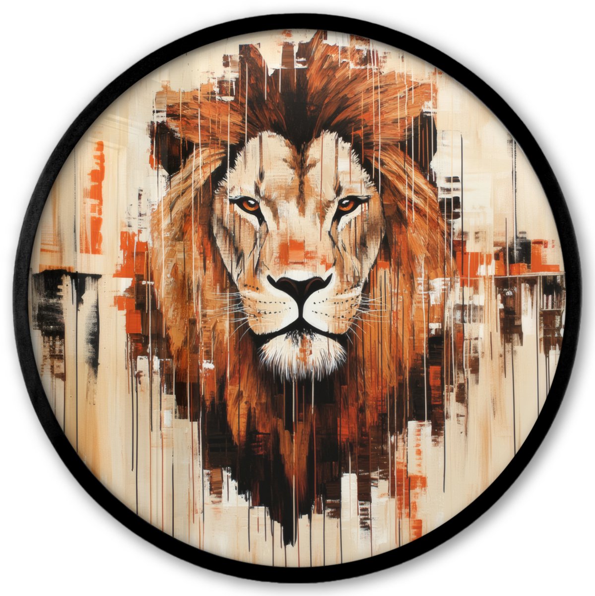 FrameYourWall Poster in lijst Rond - Fotolijst 40x40 cm - Posters - Leeuwenkop - Lijnen - Crème - Ronde posterlijst zwart - Decoratie - Wanddecoratie woonkamer - Muurdecoratie slaapkamer