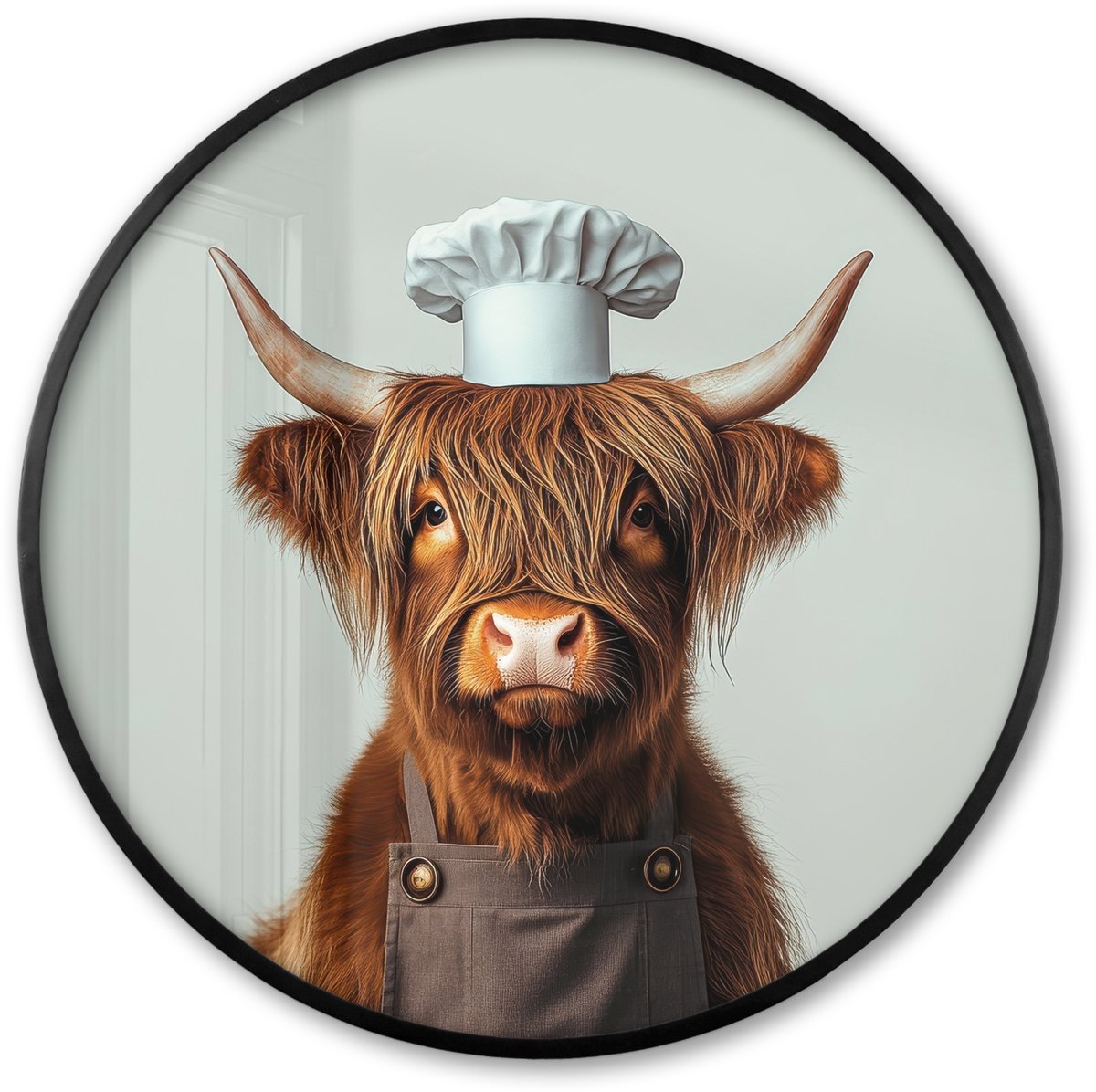 FrameYourWall Poster in lijst Rond - Fotolijst 80x80 cm - Posters - Schotse Hooglander - Bruin - Hoorns - Kokskleding - Ronde posterlijst zwart - Decoratie - Wanddecoratie woonkamer - Muurdecoratie slaapkamer Schotse hooglander - Kok