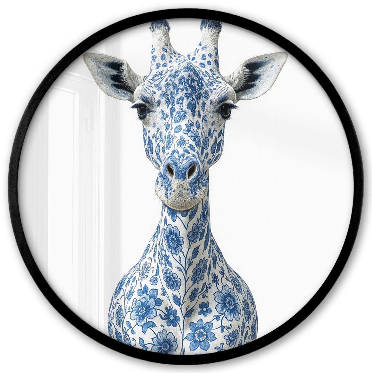 FrameYourWall Poster in lijst Rond - Fotolijst 40x40 cm - Posters - Giraffe - Delfts blauw - Dieren - Minimalistisch - Ronde posterlijst zwart - Decoratie - Wanddecoratie woonkamer - Muurdecoratie slaapkamer