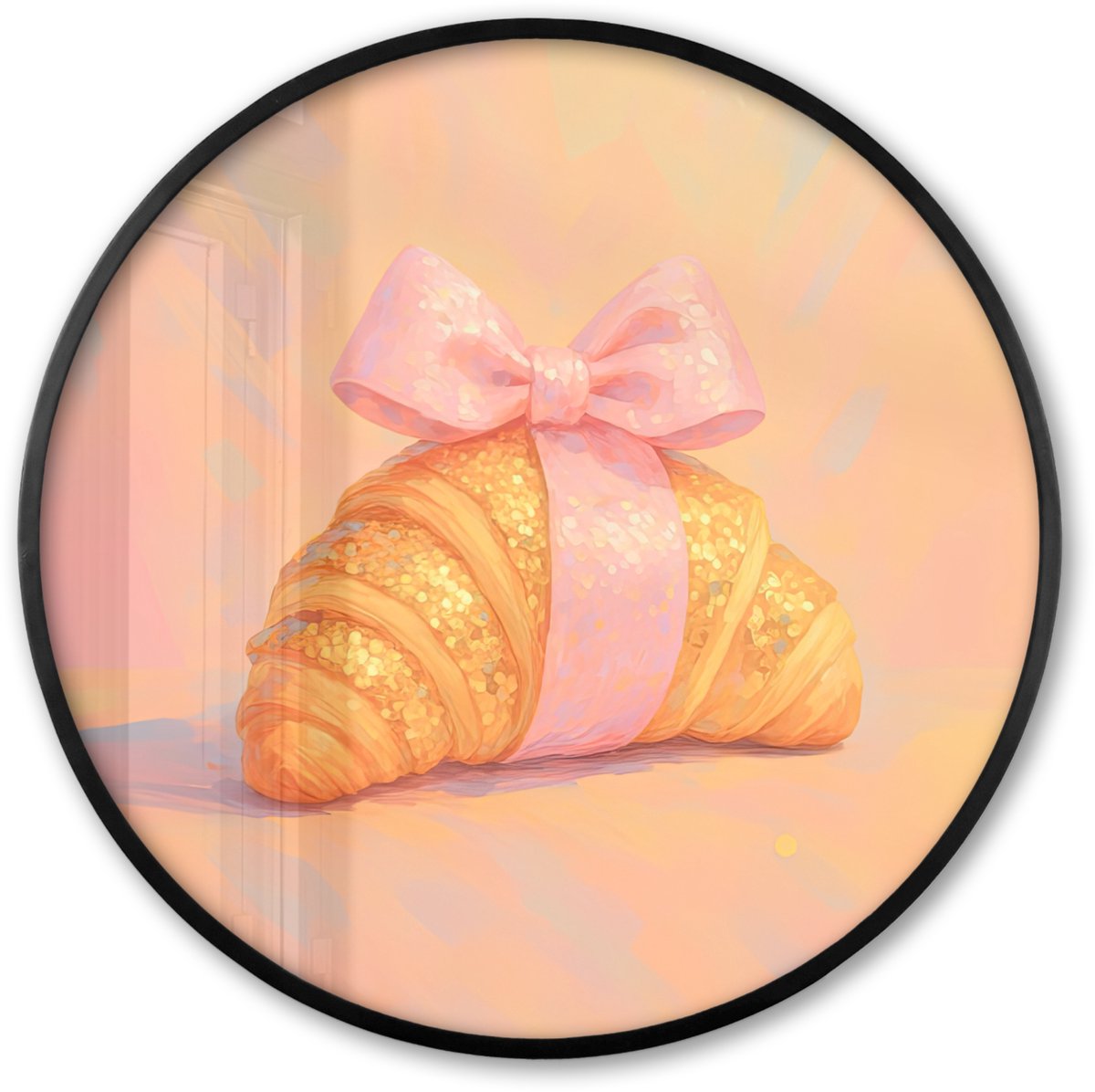 FrameYourWall Poster in lijst Rond - Fotolijst 60x60 cm - Posters - Croissant - Strik - Roze - Ronde posterlijst zwart - Decoratie - Wanddecoratie woonkamer - Muurdecoratie slaapkamer