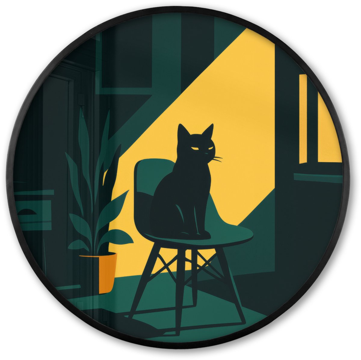 FrameYourWall Poster in lijst Rond - Fotolijst 80x80 cm - Posters - Zwarte kat - Mysterieus - Gele instraal - Ronde posterlijst zwart - Decoratie - Wanddecoratie woonkamer - Muurdecoratie slaapkamer
