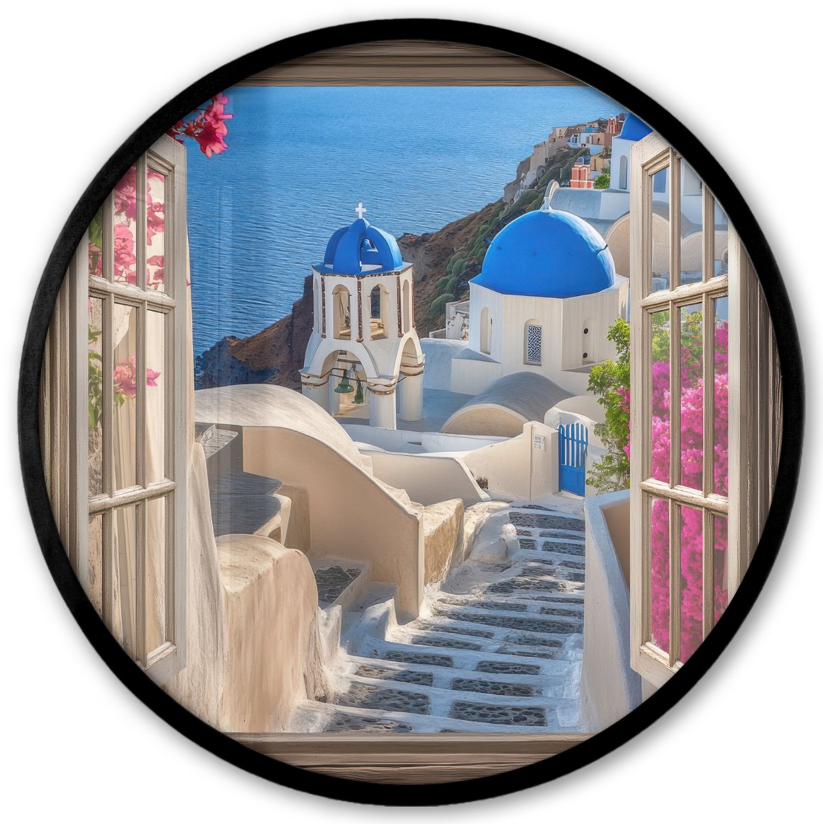 FrameYourWall Poster in lijst Rond - Fotolijst 40x40 cm - Posters - Doorkijk - Santorini - Landschap - Blauw - Grieks - Ronde posterlijst zwart - Decoratie - Wanddecoratie woonkamer - Muurdecoratie slaapkamer