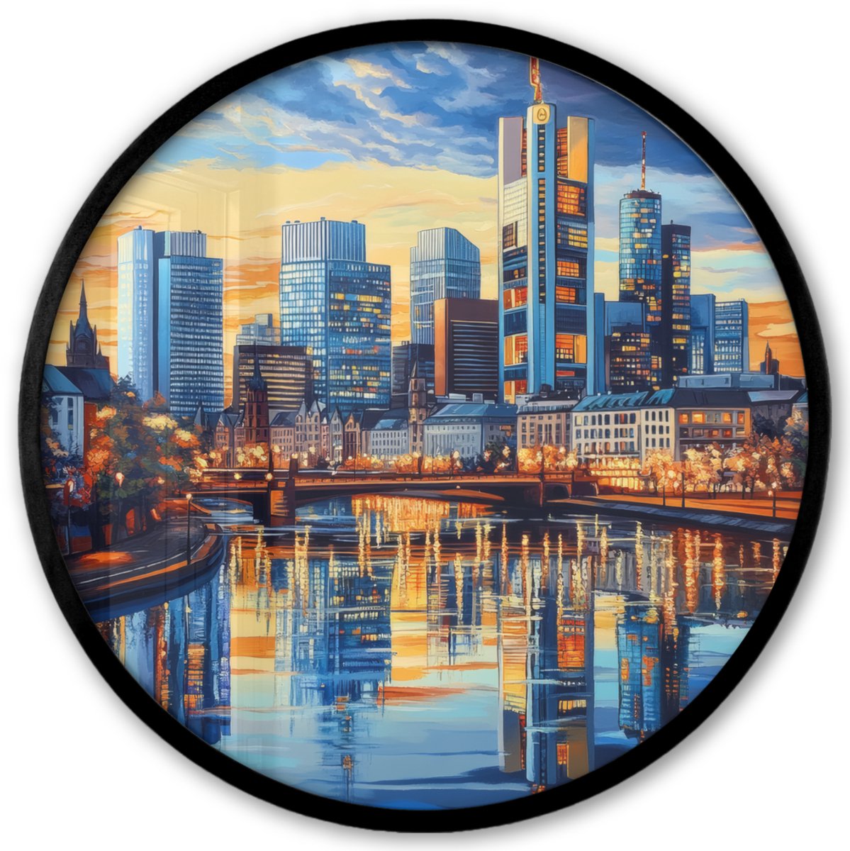 FrameYourWall Poster in lijst Rond - Fotolijst 40x40 cm - Posters - Zonsondergang Frankfurt - Stad - Skyline - Water - Ronde posterlijst zwart - Decoratie - Wanddecoratie woonkamer - Muurdecoratie slaapkamer Zonsondergang - Stad