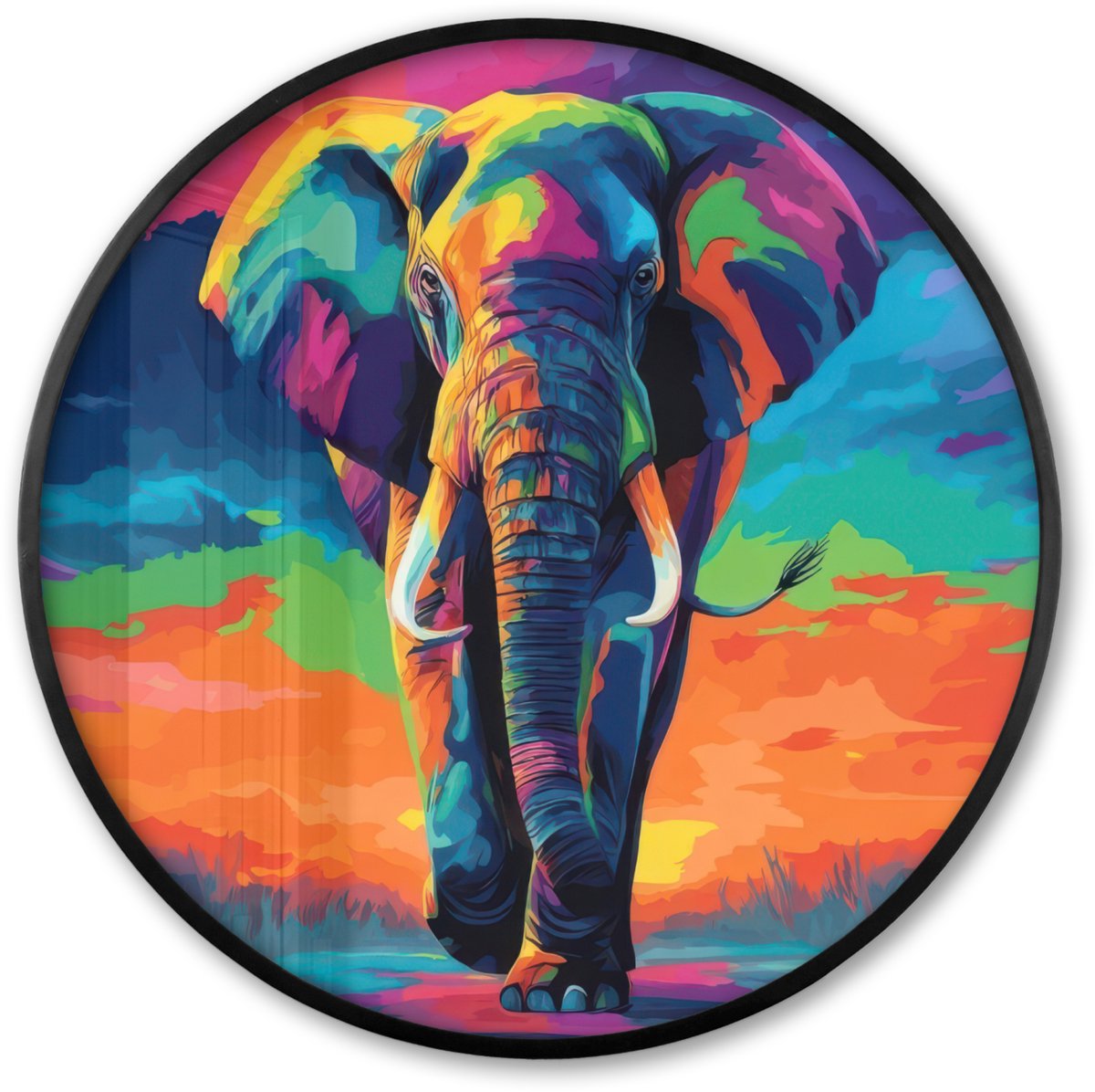 FrameYourWall Poster in lijst Rond - Fotolijst 60x60 cm - Posters - Olifant - Kleurrijk - Lucht - Abstract - Ronde posterlijst zwart - Decoratie - Wanddecoratie woonkamer - Muurdecoratie slaapkamer
