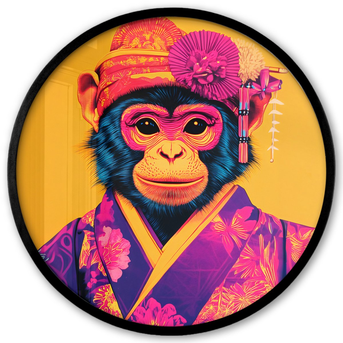 FrameYourWall Poster in lijst Rond - Fotolijst 40x40 cm - Posters - Aap - Kimono - Bloemen - Hoofdtooi - Ronde posterlijst zwart - Decoratie - Wanddecoratie woonkamer - Muurdecoratie slaapkamer