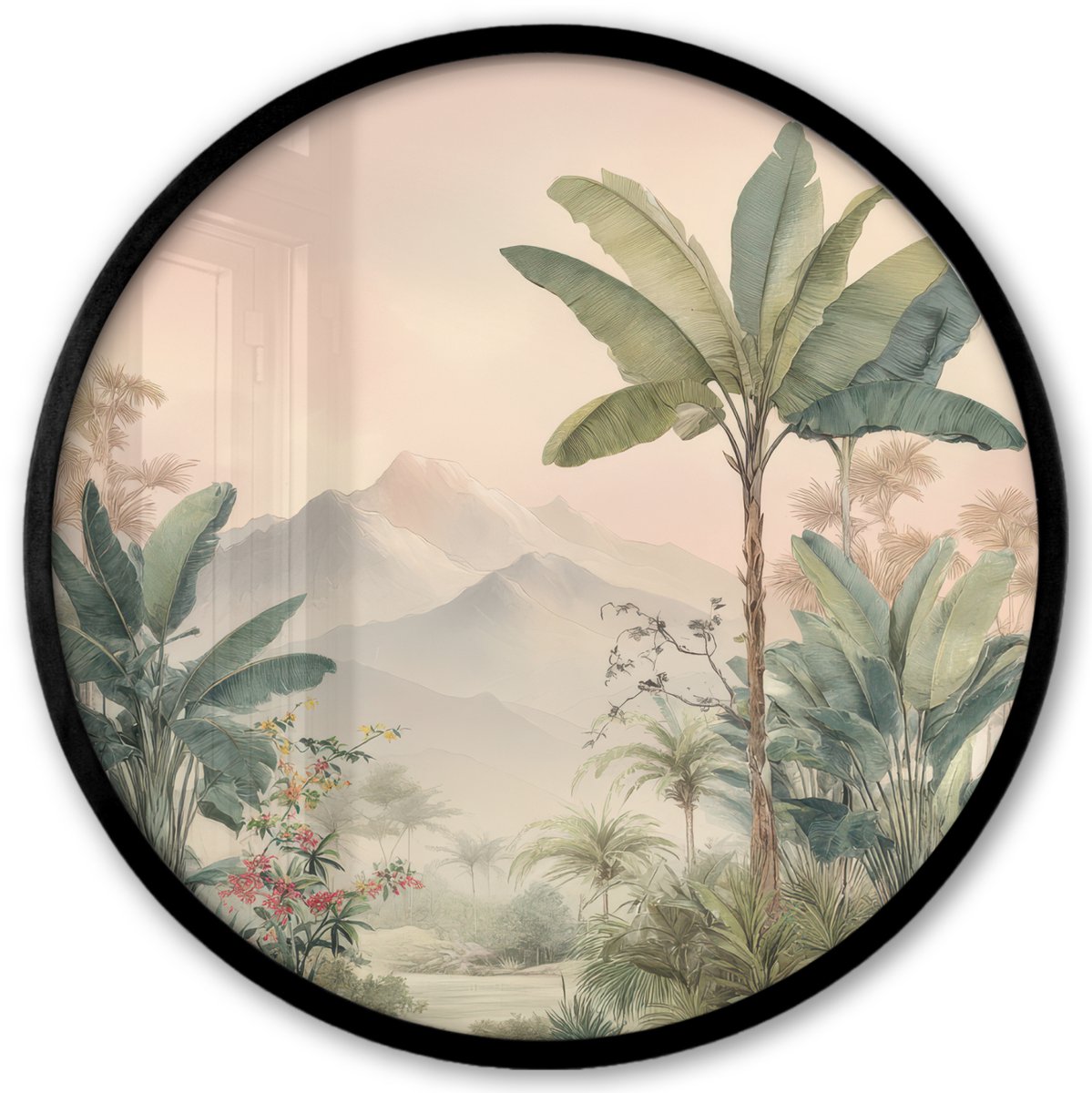 FrameYourWall Poster in lijst Rond - Fotolijst 40x40 cm - Posters - Tropisch landschap - palmbomen - Bloemen - Roze lucht - Ronde posterlijst zwart - Decoratie - Wanddecoratie woonkamer - Muurdecoratie slaapkamer Tropisch - Landschap