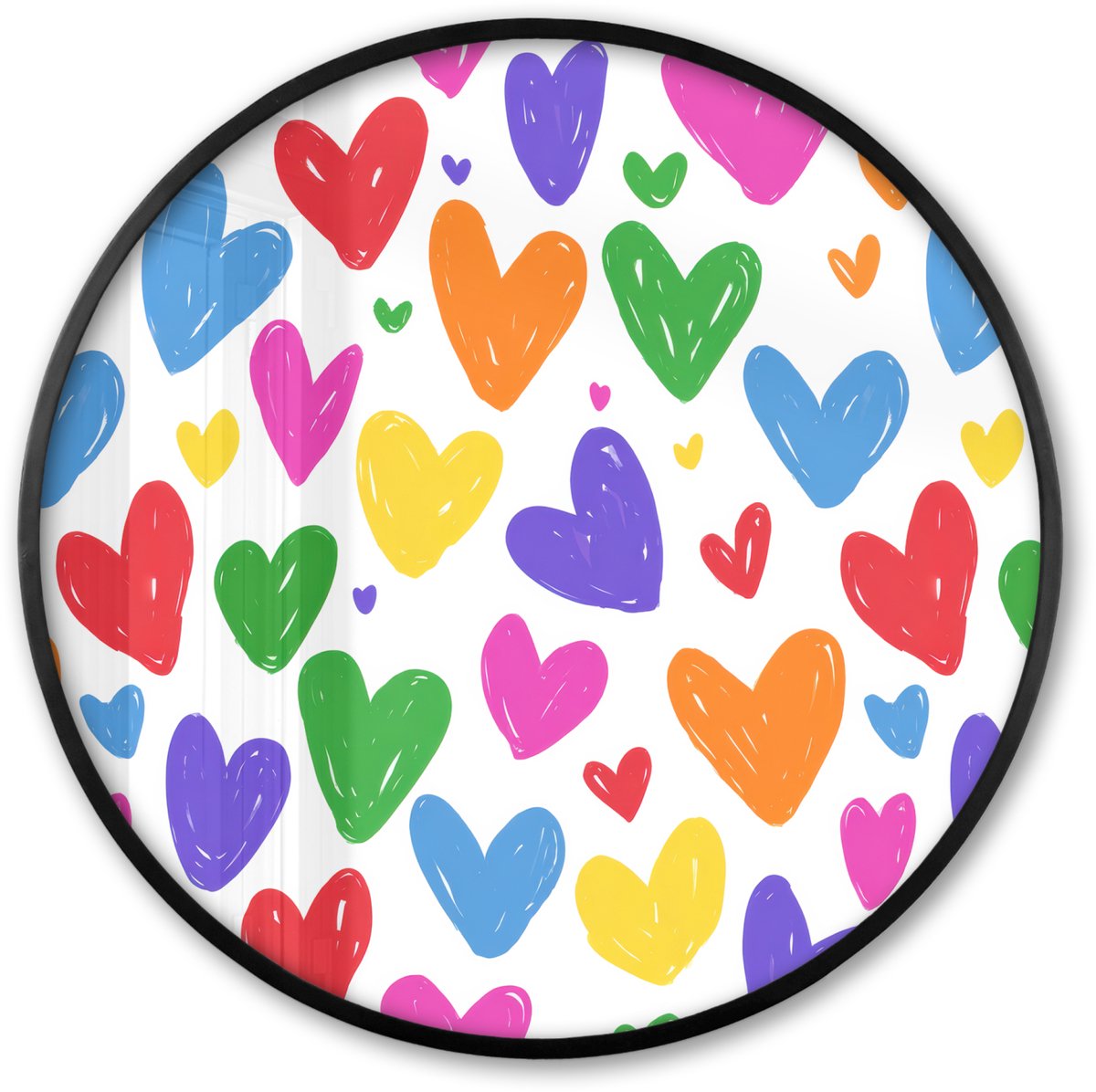 FrameYourWall Poster in lijst Rond - Fotolijst 60x60 cm - Posters - Hartjes - Patroon - Kleurrijk - Tekening - Ronde posterlijst zwart - Decoratie - Wanddecoratie woonkamer - Muurdecoratie slaapkamer Hartjes - Kleurrijk