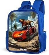 NoBoringSuitcases.com® - Rugzak blauw - Schooltas jongens - Rode sportauto met dino raast door tropisch strand - Kinder rugtas jongen - Boekentas kind - Kinderrugzak voor school - Schoolrugzak