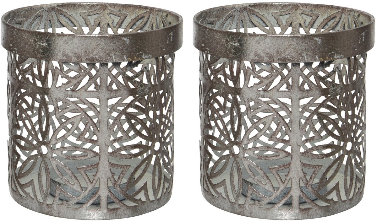 Decoris Waxinelicht houders set - 4x - metaal - grijs - bloemenpatroon - Windlichtjes - kaarsenhouders