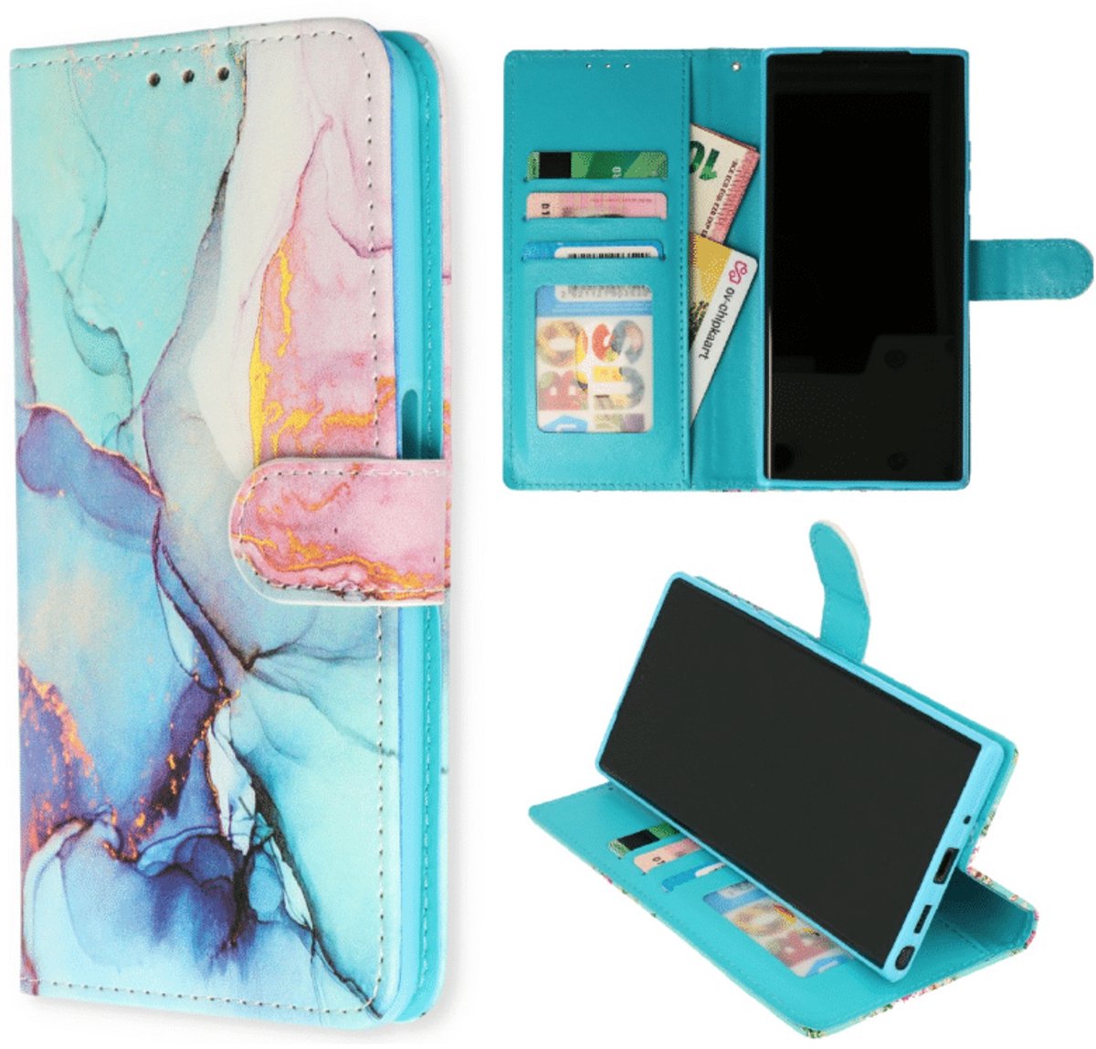 Casemania – Bookcase - Geschikt voor – Samsung A17 - Marmer Roze Blauw