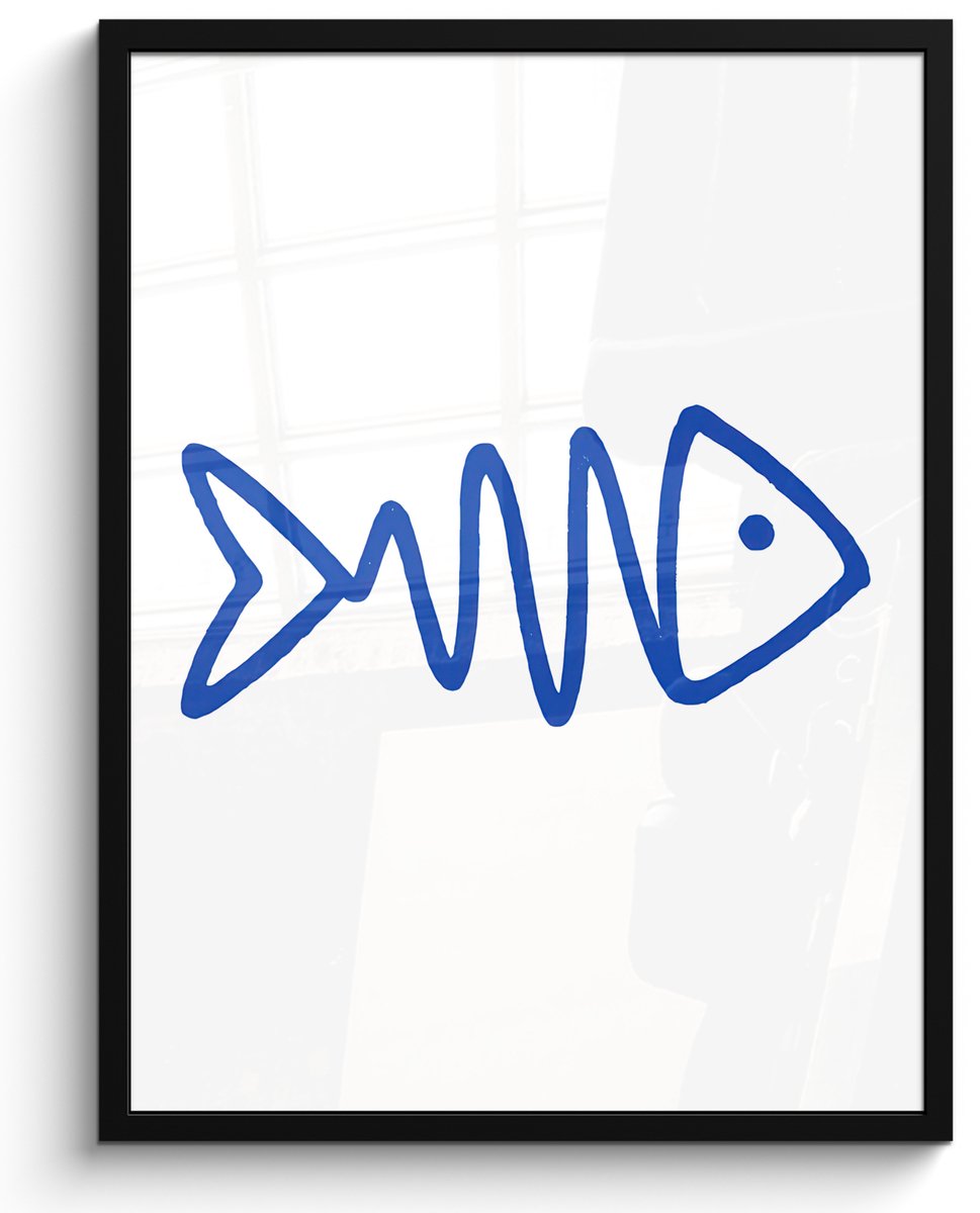 FrameYourWall Poster in lijst - Fotolijst 60x80 cm - Posters - Vis - Minimalistisch - Blauw - Lijn - Posterlijst zwart - Decoratie - Wanddecoratie woonkamer - Muurdecoratie slaapkamer Vis - Lijnen