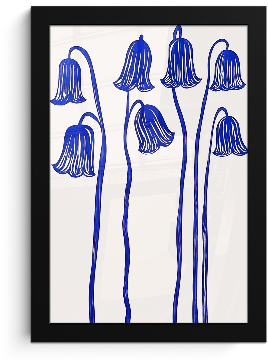 FrameYourWall Poster in lijst - Fotolijst 20x30 cm - Posters - Bloemen - Blauw - Lijnen - Bloemblaadjes - Posterlijst zwart - Decoratie - Wanddecoratie woonkamer - Muurdecoratie slaapkamer Bloemen - Bloemblaadjes