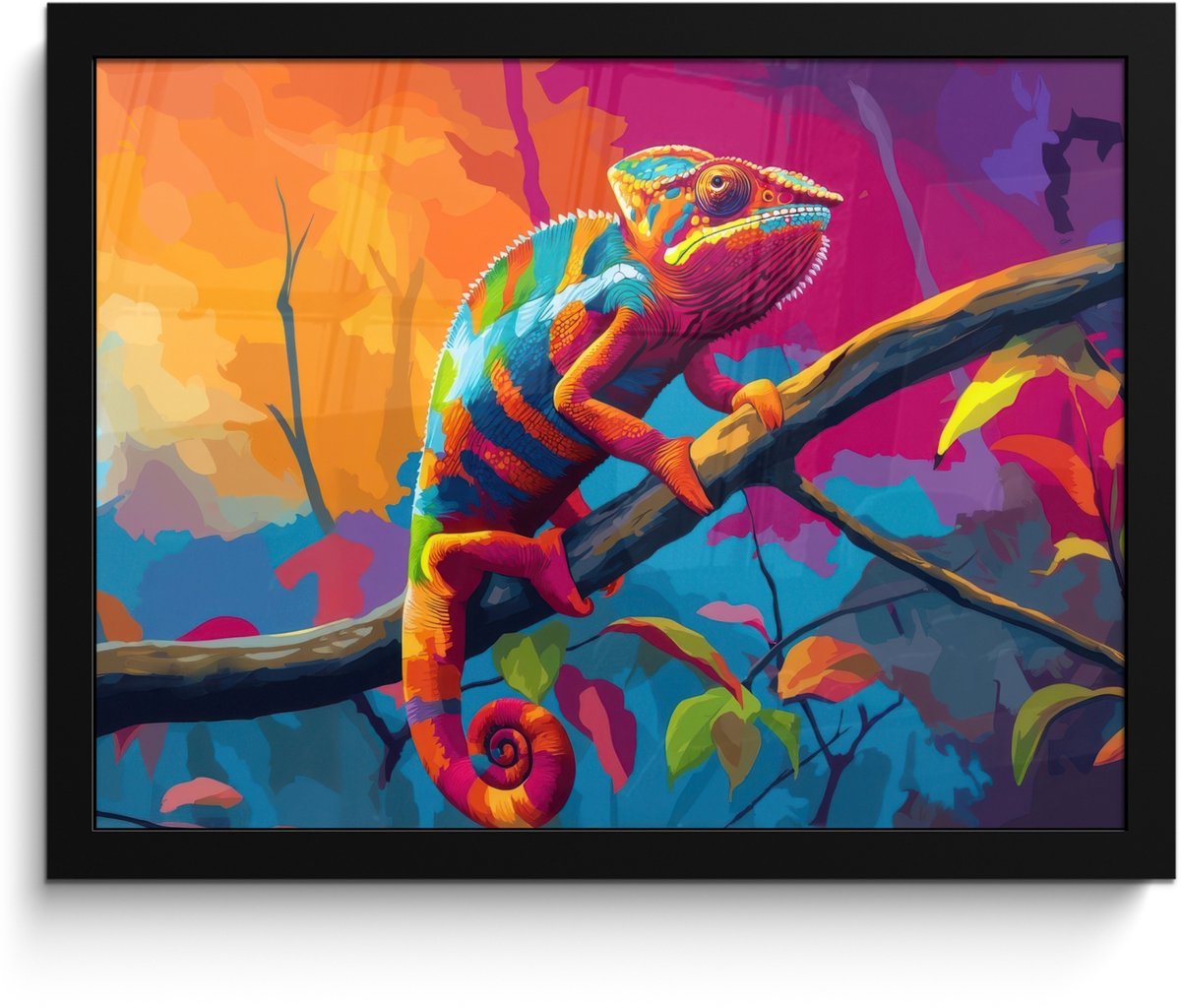 FrameYourWall Poster in lijst - Fotolijst 40x30 cm - Posters - Kameleon - Tak - Gestreept - Bladeren - Posterlijst zwart - Decoratie - Wanddecoratie woonkamer - Muurdecoratie slaapkamer Kameleon - Kleurrijk