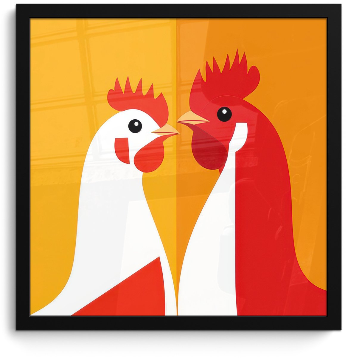 FrameYourWall Poster in lijst - Fotolijst 40x40 cm - Posters - Kippen - Oranje - Vlakken - Posterlijst zwart - Decoratie - Wanddecoratie woonkamer - Muurdecoratie slaapkamer
