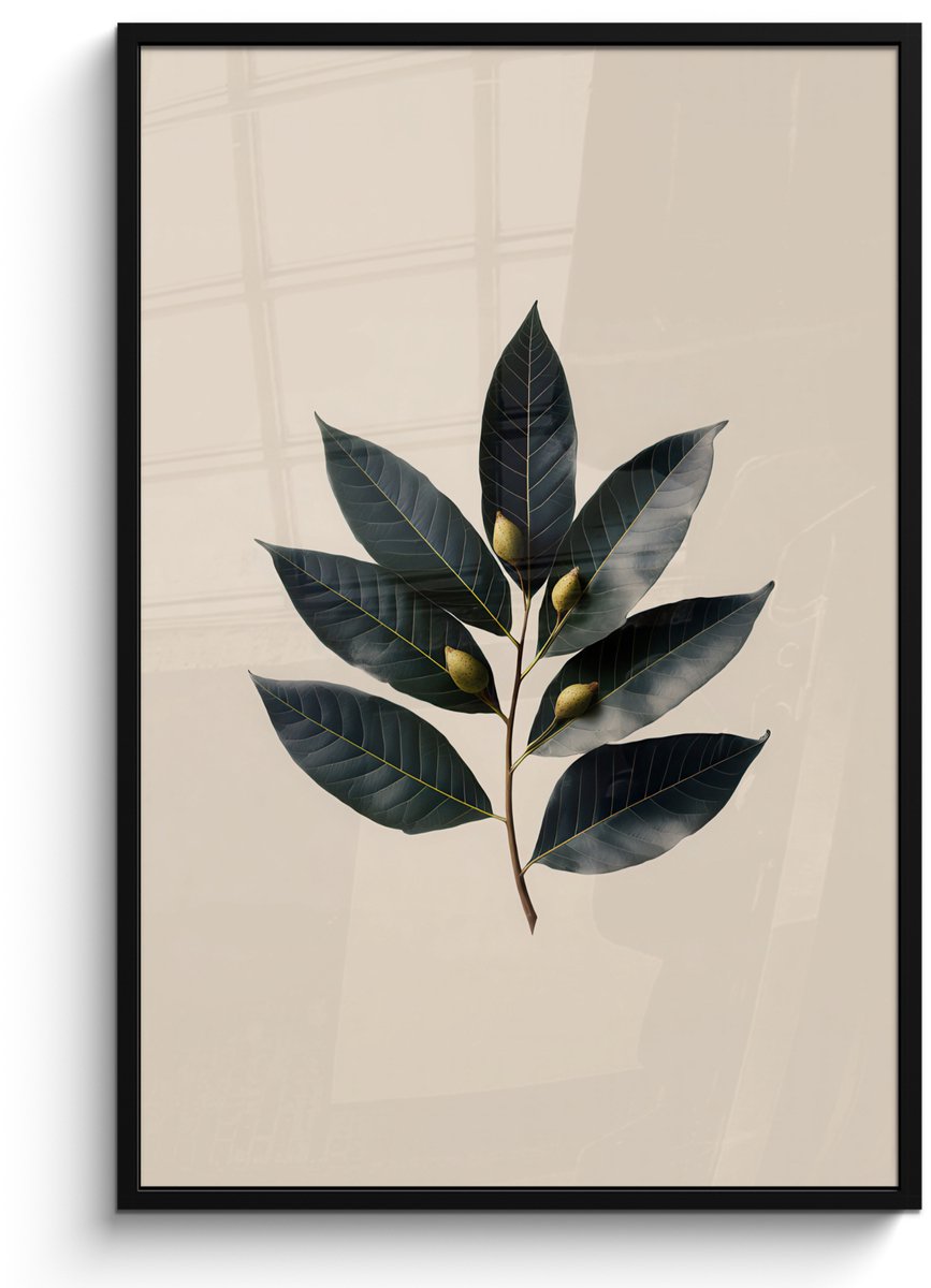 FrameYourWall Poster in lijst - Fotolijst 80x120 cm - Posters - Laurierbladeren - Bloemknoppen - subtiel - Posterlijst zwart - Decoratie - Wanddecoratie woonkamer - Muurdecoratie slaapkamer