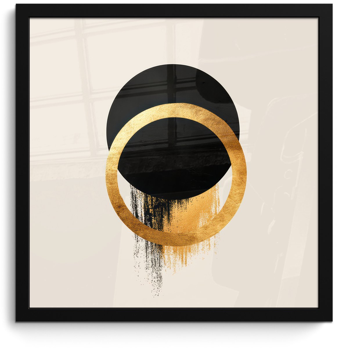 FrameYourWall Poster in lijst - Fotolijst 40x40 cm - Posters - Abstract ontwerp - Zwarte cirkel - Verfvlekken - Posterlijst zwart - Decoratie - Wanddecoratie woonkamer - Muurdecoratie slaapkamer Cirkels - Verfvlekken