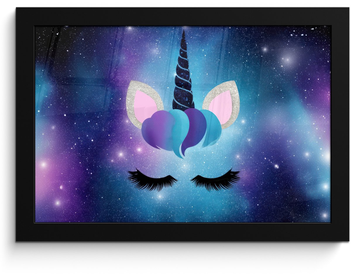 FrameYourWall Poster in lijst - Fotolijst 30x20 cm - Posters - Eenhoorn - Sterren - Magisch - Blauw - Posterlijst zwart - Decoratie - Wanddecoratie woonkamer - Muurdecoratie slaapkamer Eenhoorn - Sterrenstelsel