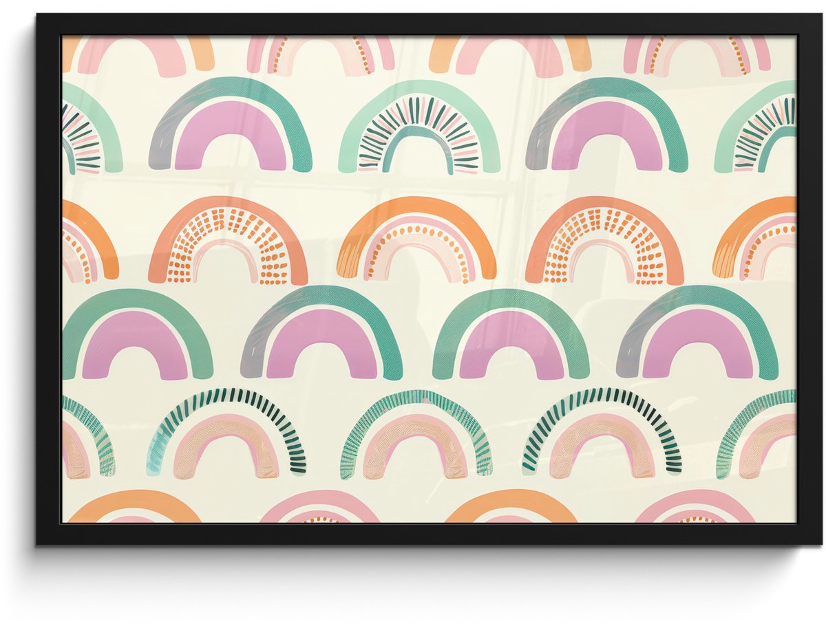 FrameYourWall Poster in lijst - Fotolijst 60x40 cm - Posters - Regenboog - Pastel - Patroon - Posterlijst zwart - Decoratie - Wanddecoratie woonkamer - Muurdecoratie slaapkamer Regenbogen - Stippen - Strepen