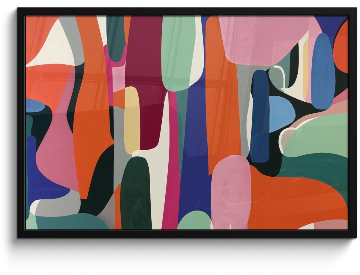 FrameYourWall Poster in lijst - Fotolijst 90x60 cm - Posters - Vormen - Ritmisch - Kleuren - Abstract - Posterlijst zwart - Decoratie - Wanddecoratie woonkamer - Muurdecoratie slaapkamer Vormen - Kleurrijk