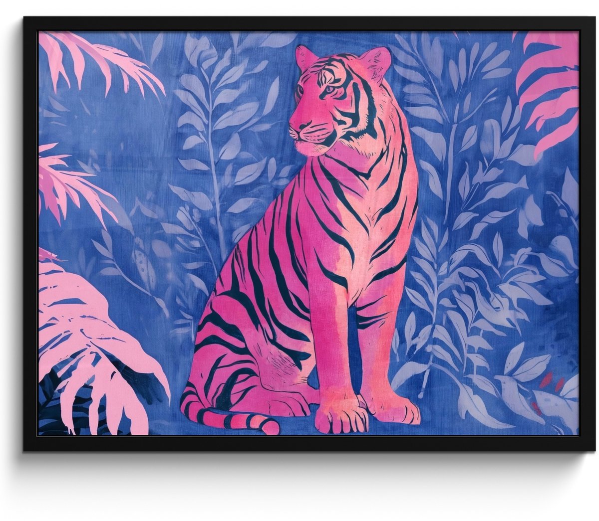 FrameYourWall Poster in lijst - Fotolijst 80x60 cm - Posters - Tijger - Roze - Bladeren - Jungle - Posterlijst zwart - Decoratie - Wanddecoratie woonkamer - Muurdecoratie slaapkamer Tijger - Bladeren